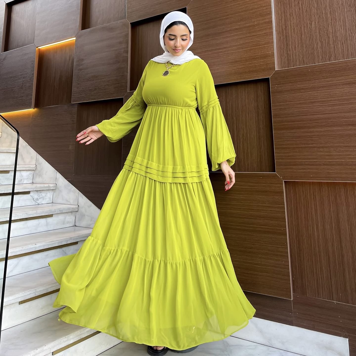 Hader Classic Long Sleeve Yellow Chiffon Dress - Ruehaya
