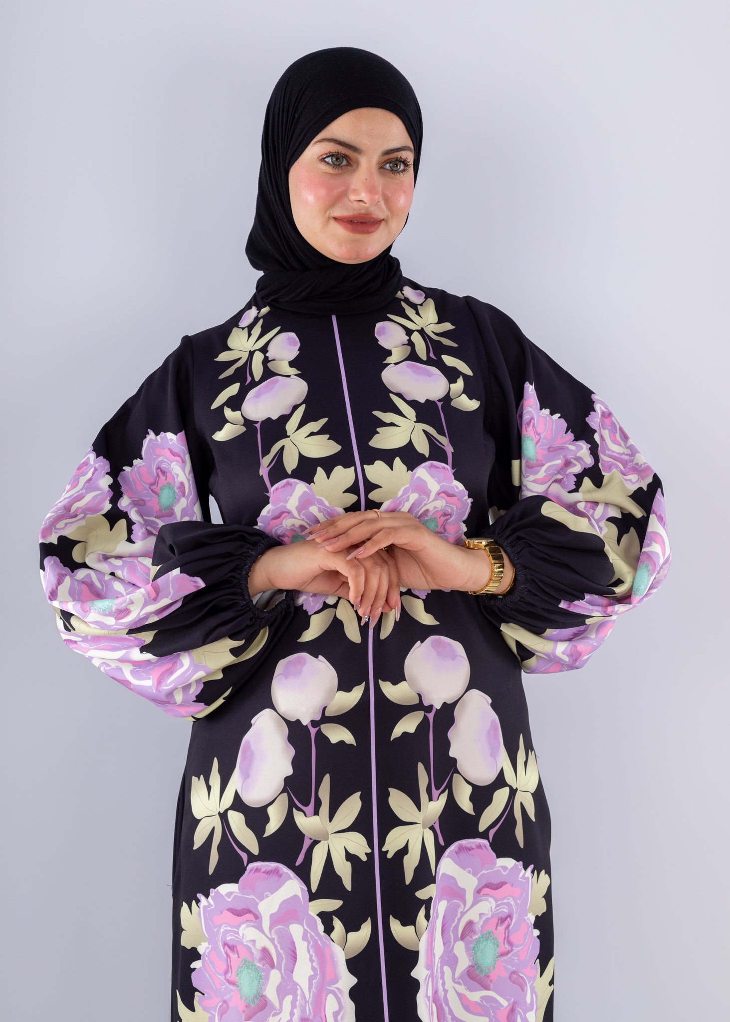 Hala Floral Crepe Modesty Dress Voluminous Sleeves - Ruehaya