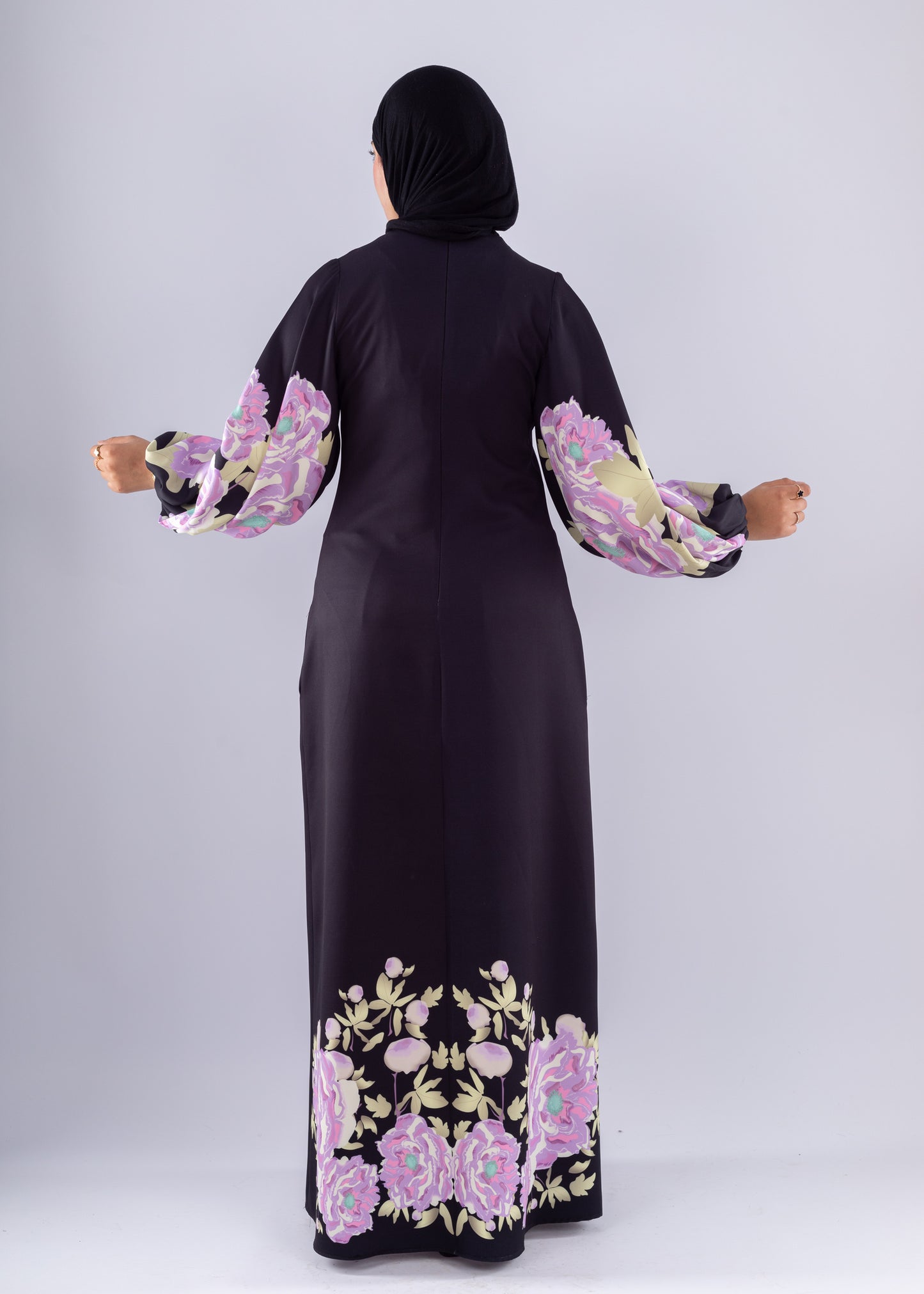 Hala Floral Crepe Modesty Dress Voluminous Sleeves - Ruehaya