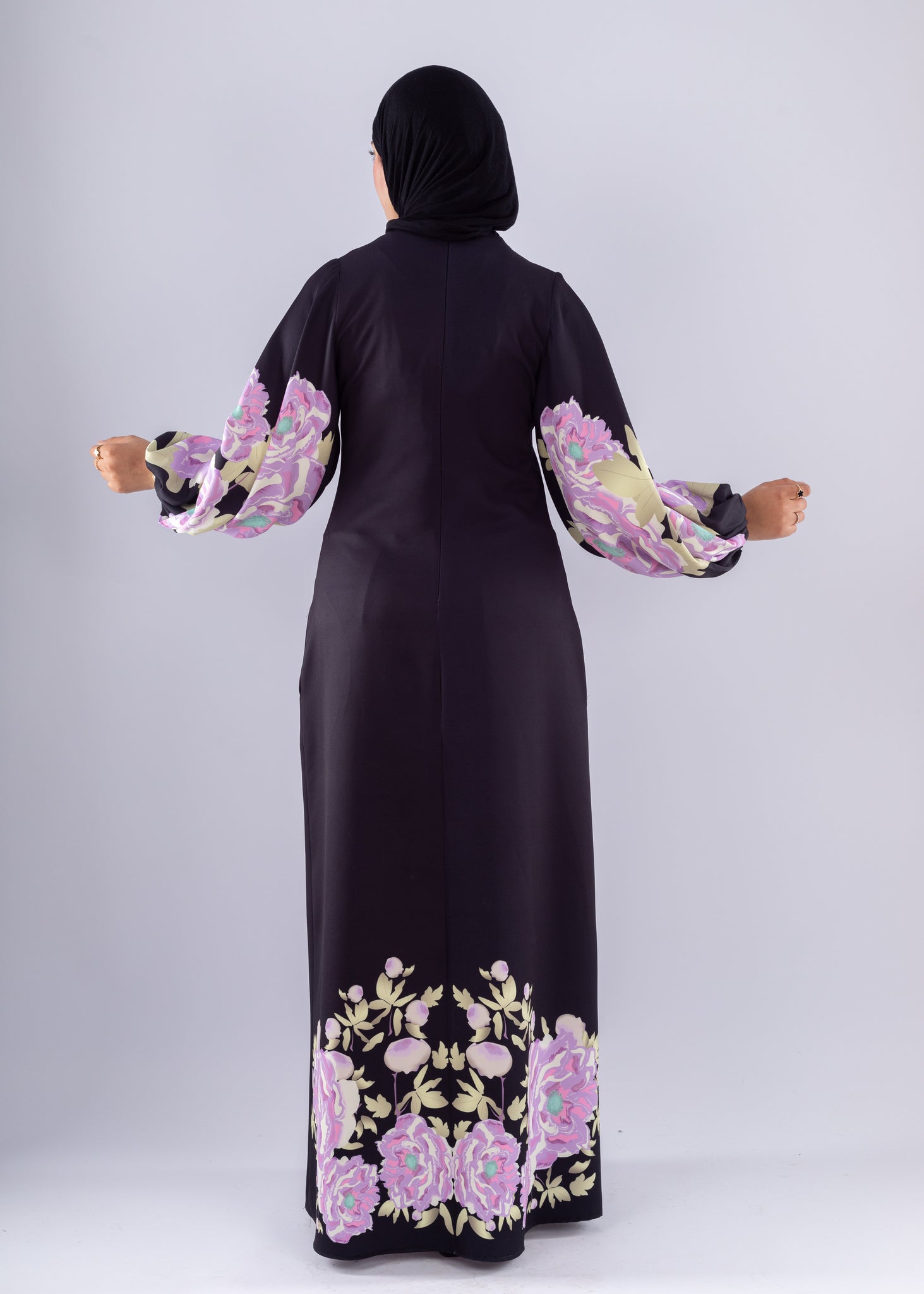 Hala Floral Crepe Modesty Dress Voluminous Sleeves - Ruehaya