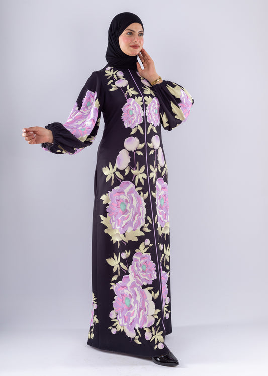 Hala Floral Crepe Modesty Dress Voluminous Sleeves - Ruehaya