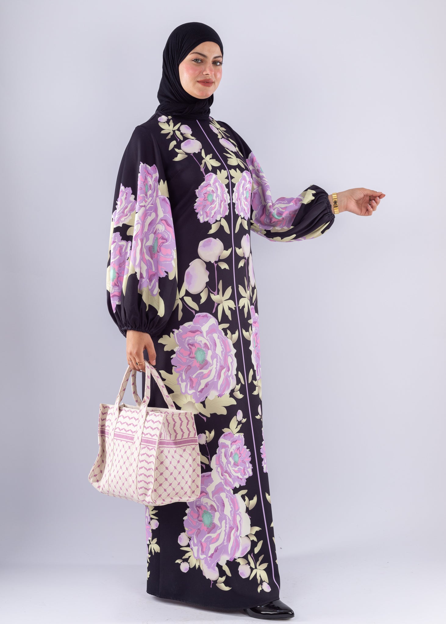 Hala Floral Crepe Modesty Dress Voluminous Sleeves - Ruehaya