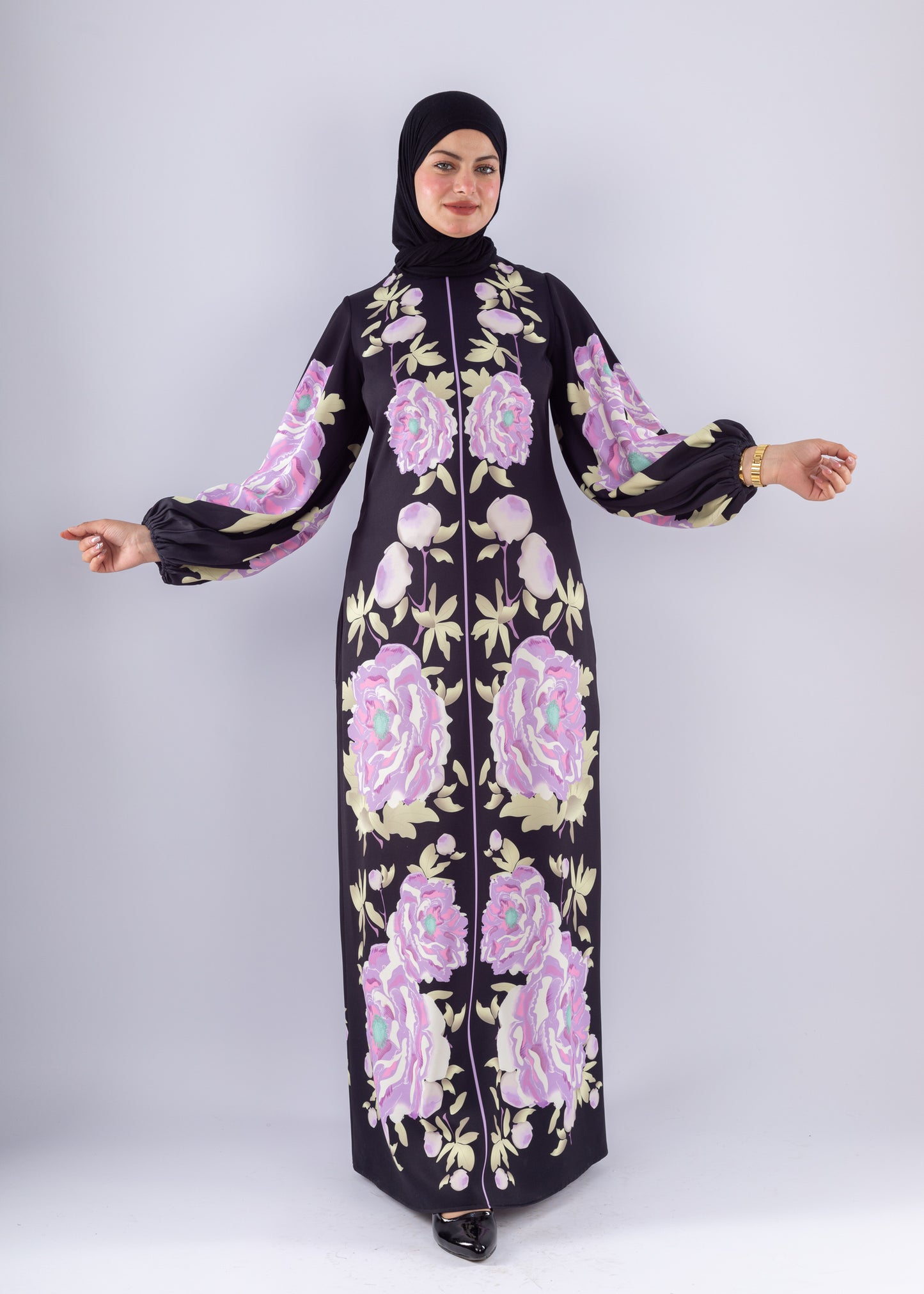 Hala Floral Crepe Modesty Dress Voluminous Sleeves - Ruehaya