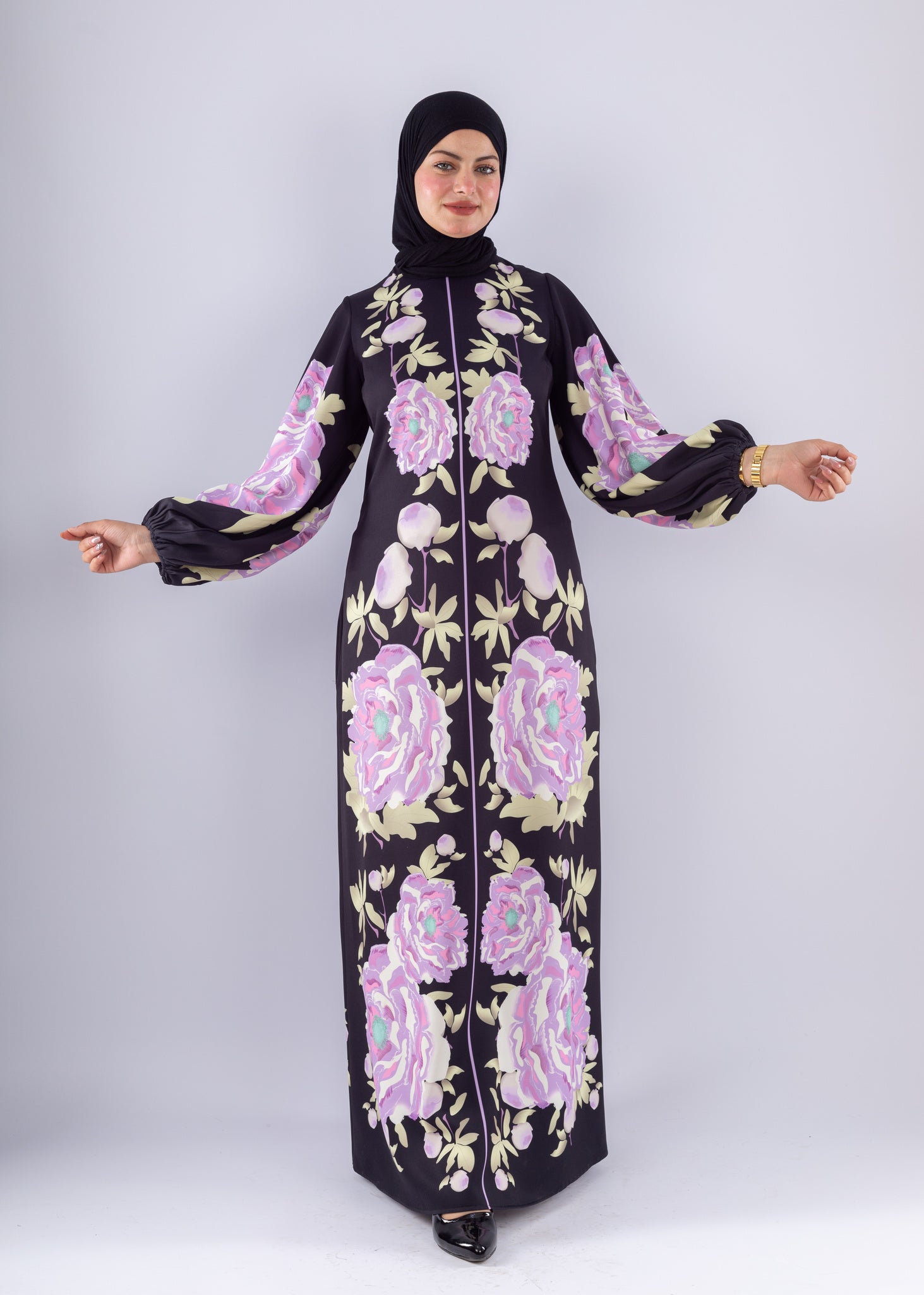 Hala Floral Crepe Modesty Dress Voluminous Sleeves - Ruehaya