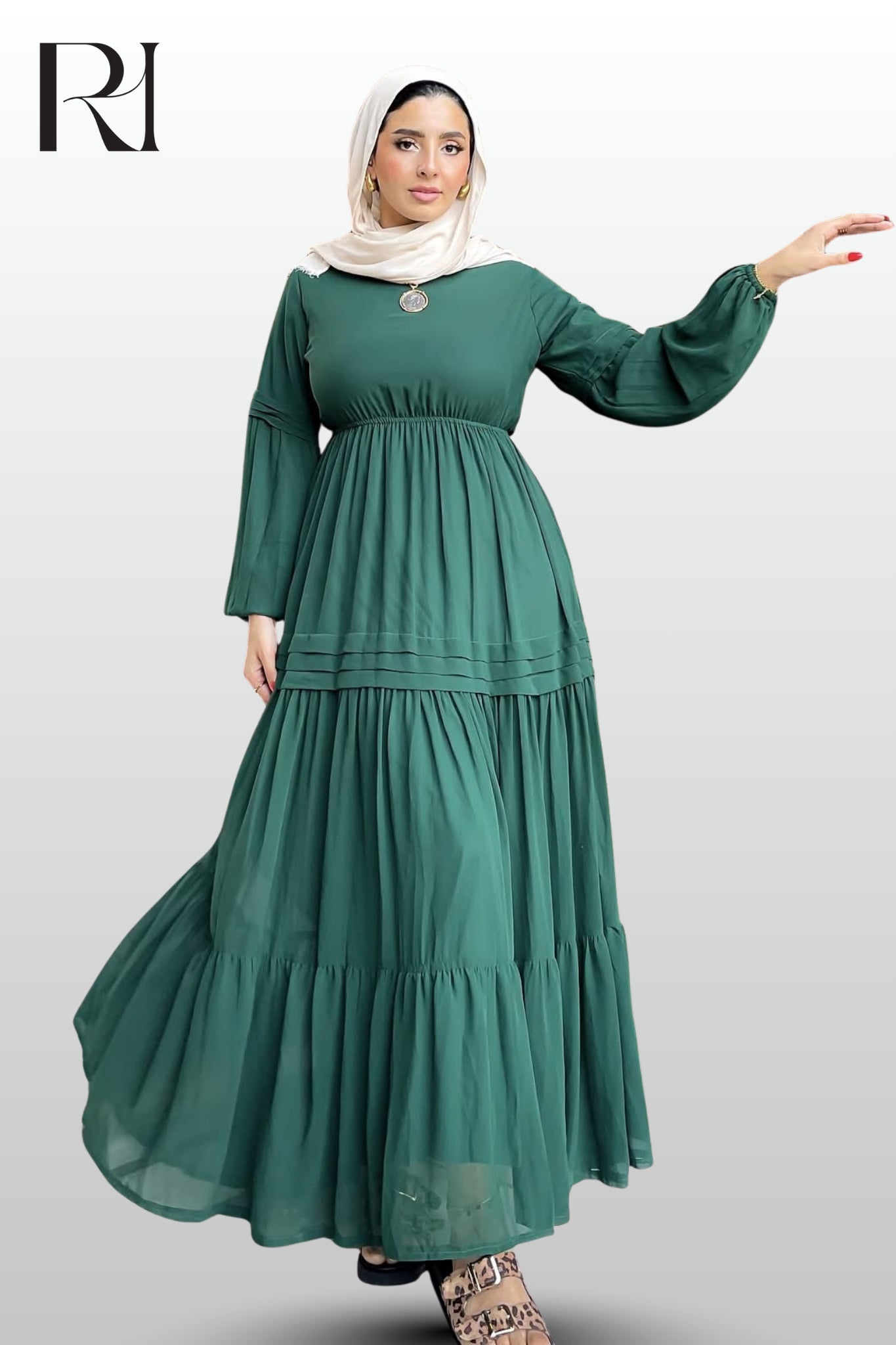 Hana Classic Long Sleeve Chiffon Green Dress - Ruehaya
