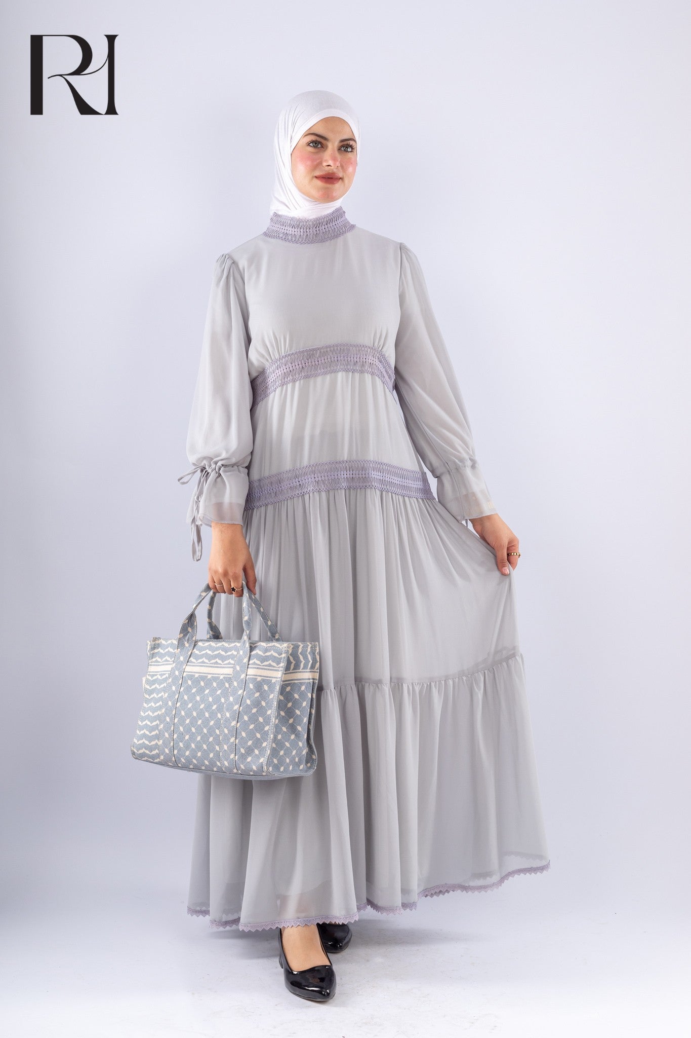 Jamila Gray Chiffon Maxi Dress with Lace Sleeves - Ruehaya