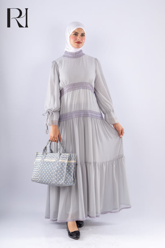 Jamila Gray Chiffon Maxi Dress with Lace Sleeves - Ruehaya