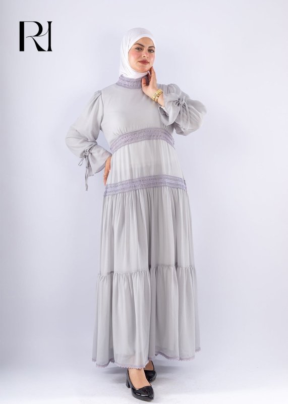 Jamila Gray Chiffon Maxi Dress with Lace Sleeves - Ruehaya