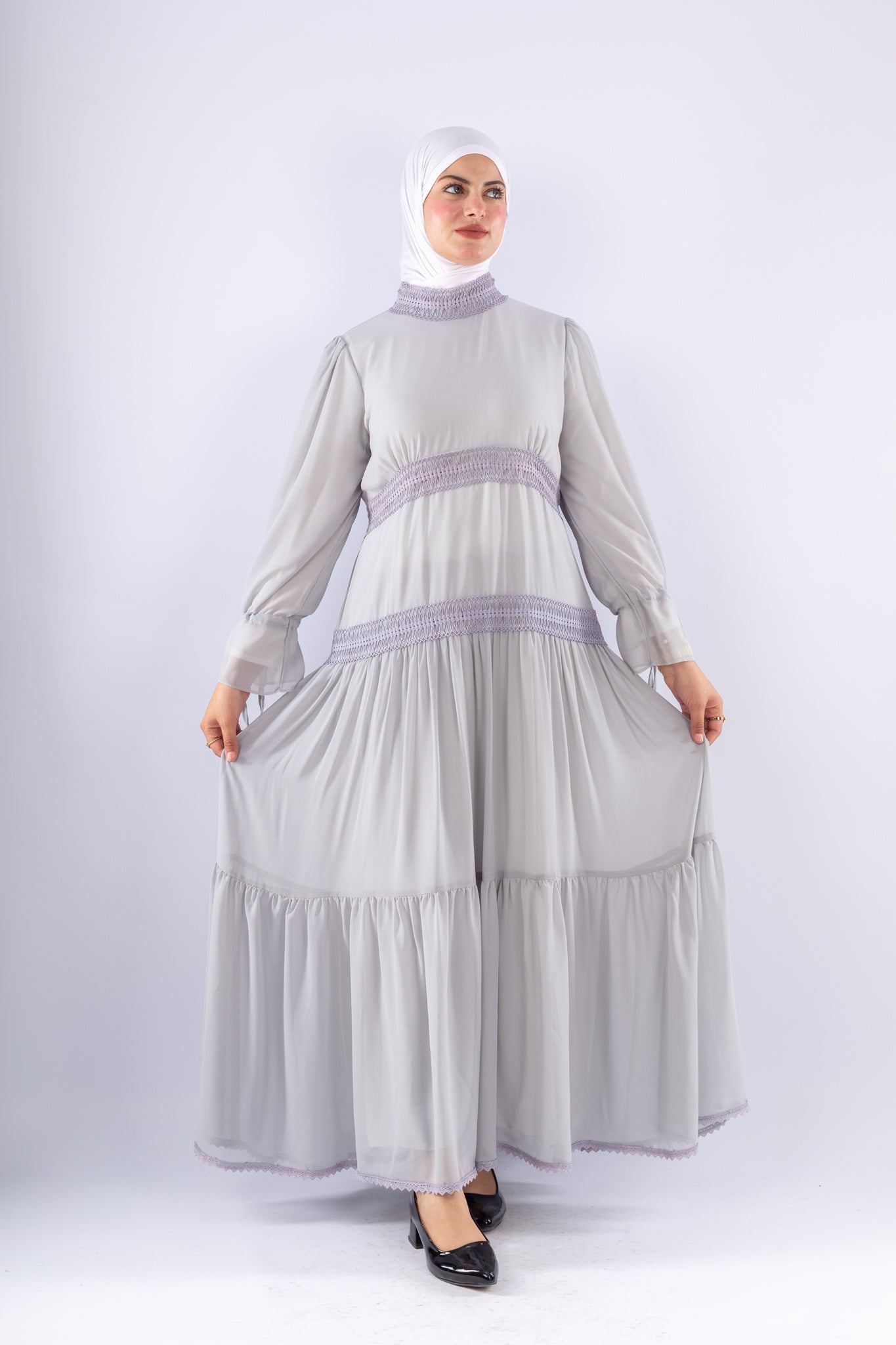 Jamila Gray Chiffon Maxi Dress with Lace Sleeves - Ruehaya