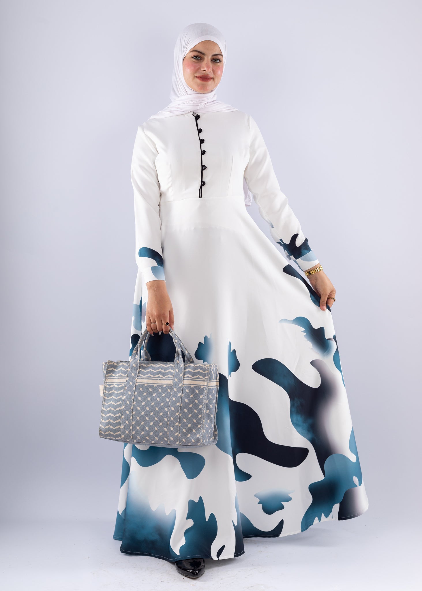 Jumana Blue Wave Abstract Crepe Maxi Dress - Ruehaya