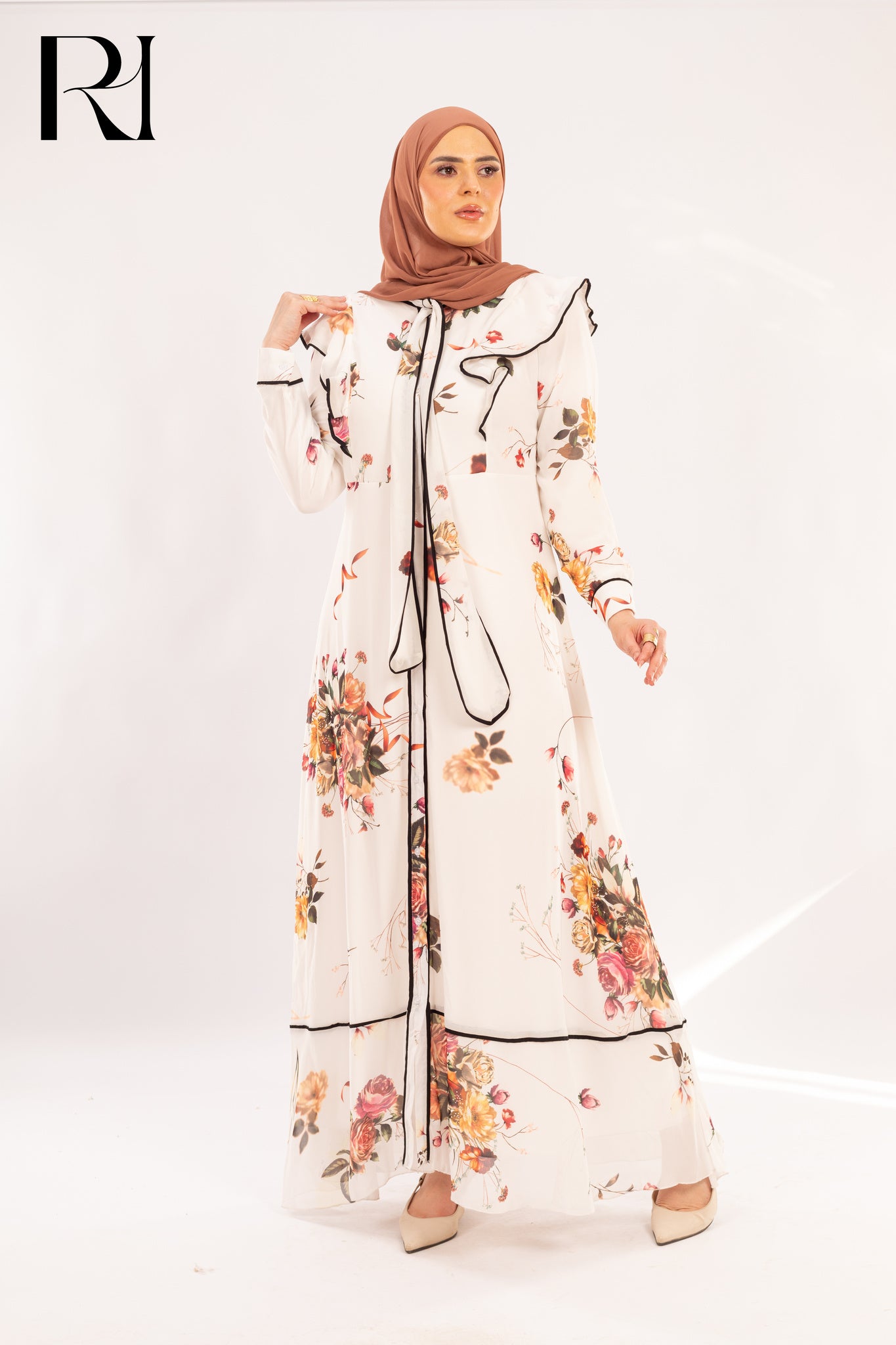 Layana Rose Print Ruffle & Piped Maxi Dress - Ruehaya