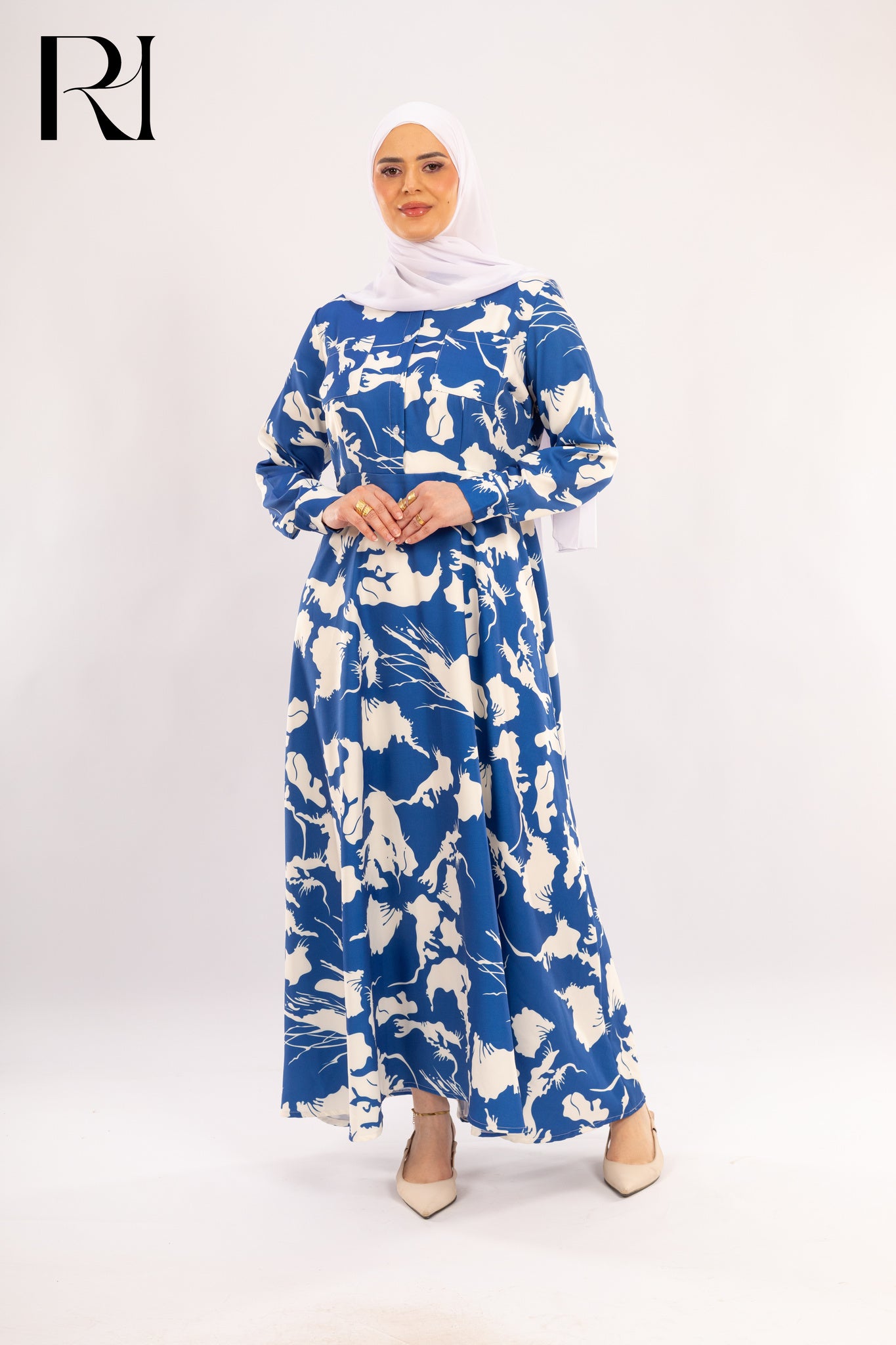 Layla Abstract Blue Modest Maxi Dress - Ruehaya