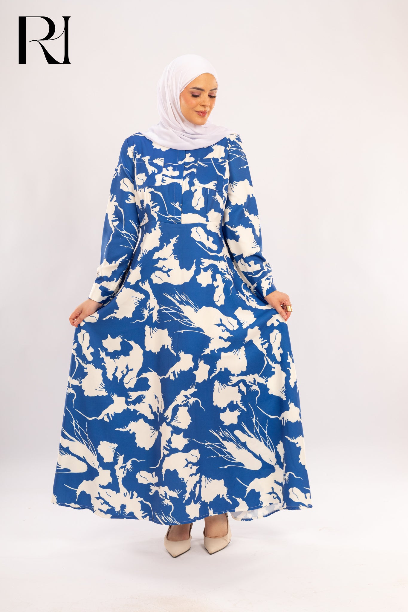 Layla Abstract Blue Modest Maxi Dress - Ruehaya