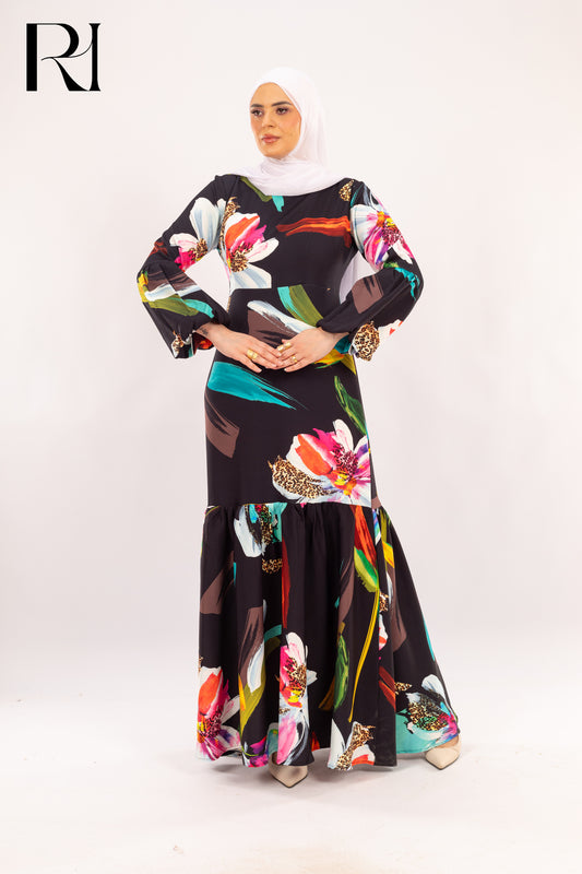 Leona Abstract Floral & Leopard Print Maxi Dress - Ruehaya