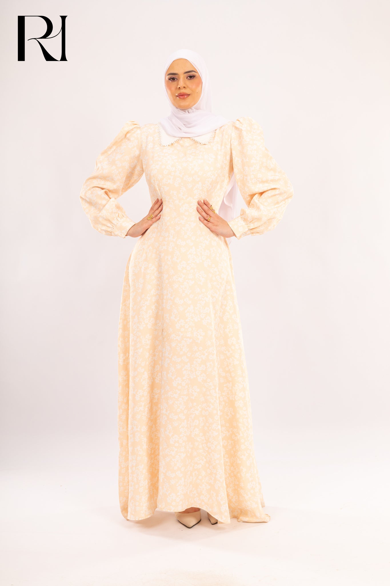 Lina Cream Floral Puff Sleeve Maxi Modest Dress - Ruehaya
