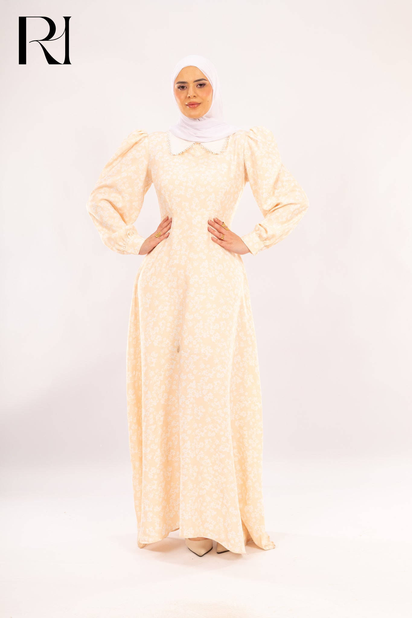 Lina Cream Floral Puff Sleeve Maxi Modest Dress - Ruehaya