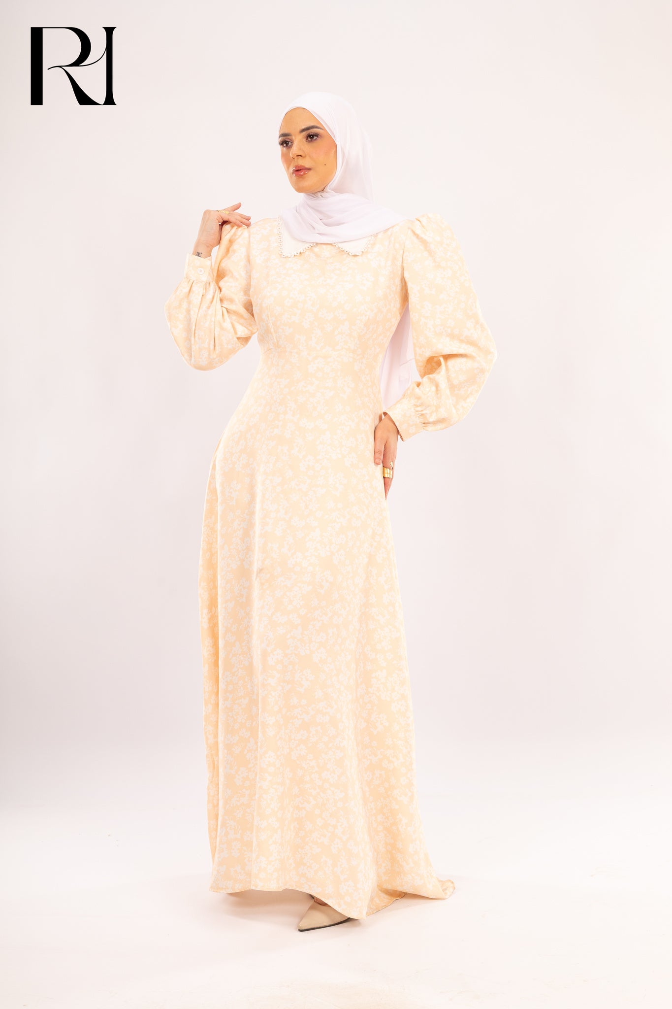Lina Cream Floral Puff Sleeve Maxi Modest Dress - Ruehaya
