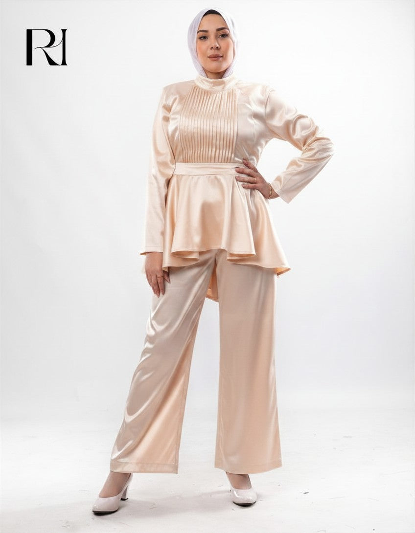 Farah Satin Two Piece Set- Beige
