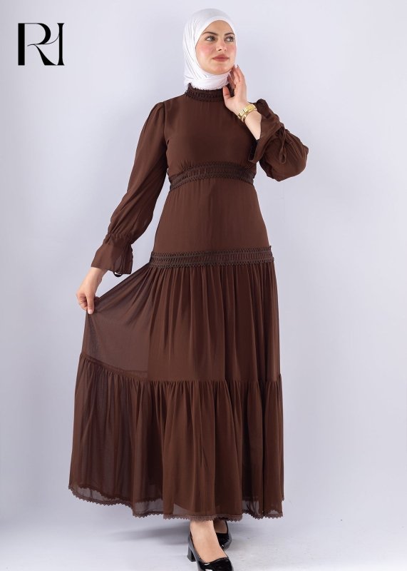 Maysa Brown Chiffon Maxi Dress with Lace Sleeves - Ruehaya