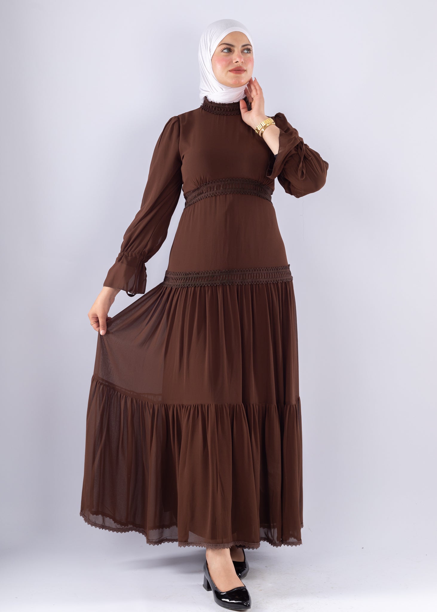 Maysa Brown Chiffon Maxi Dress with Lace Sleeves - Ruehaya
