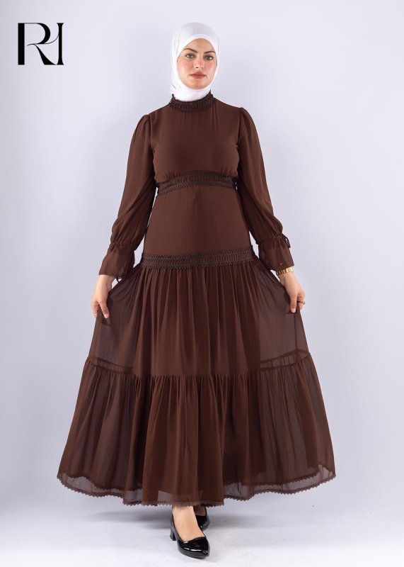 Maysa Brown Chiffon Maxi Dress with Lace Sleeves - Ruehaya