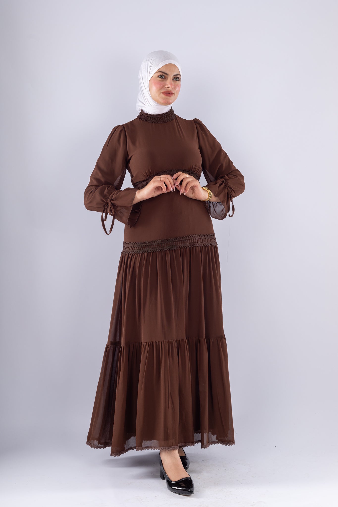 Maysa Brown Chiffon Maxi Dress with Lace Sleeves - Ruehaya