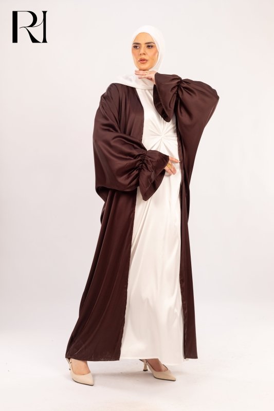 Midnight Cocoa Elegance Draped Satin Abaya over Ivory Glow - Ruehaya