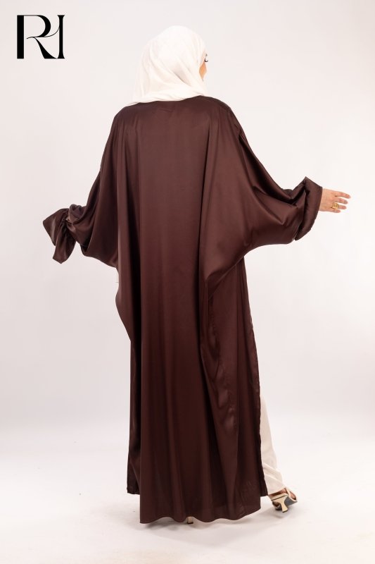 Midnight Cocoa Elegance Draped Satin Abaya over Ivory Glow - Ruehaya