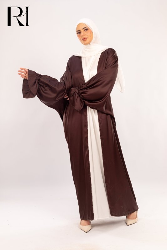 Midnight Cocoa Elegance Draped Satin Abaya over Ivory Glow - Ruehaya