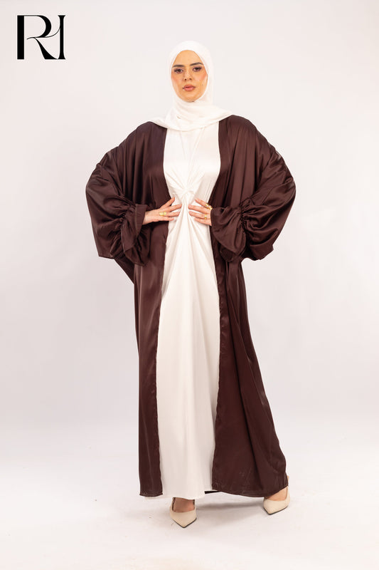 Midnight Cocoa Elegance Draped Satin Abaya over Ivory Glow - Ruehaya