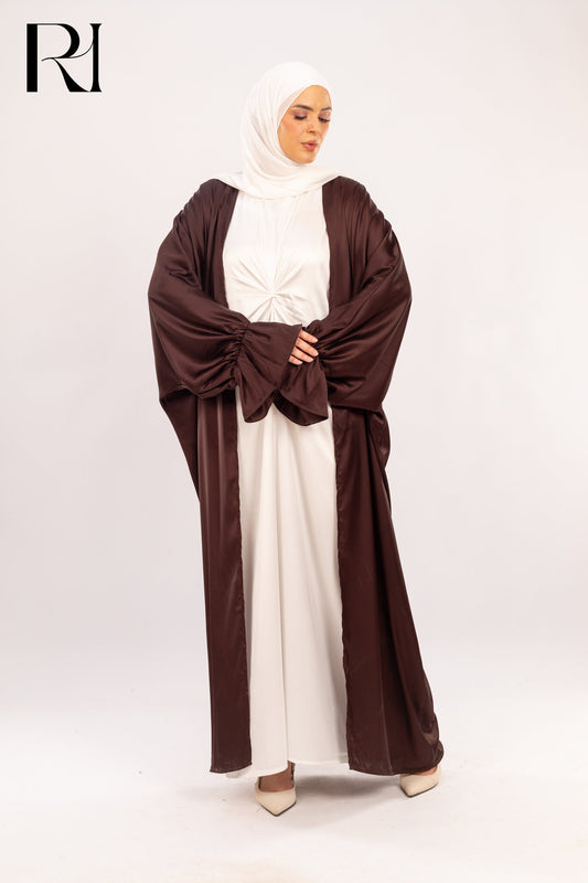 Midnight Cocoa Elegance Draped Satin Abaya over Ivory Glow - Ruehaya
