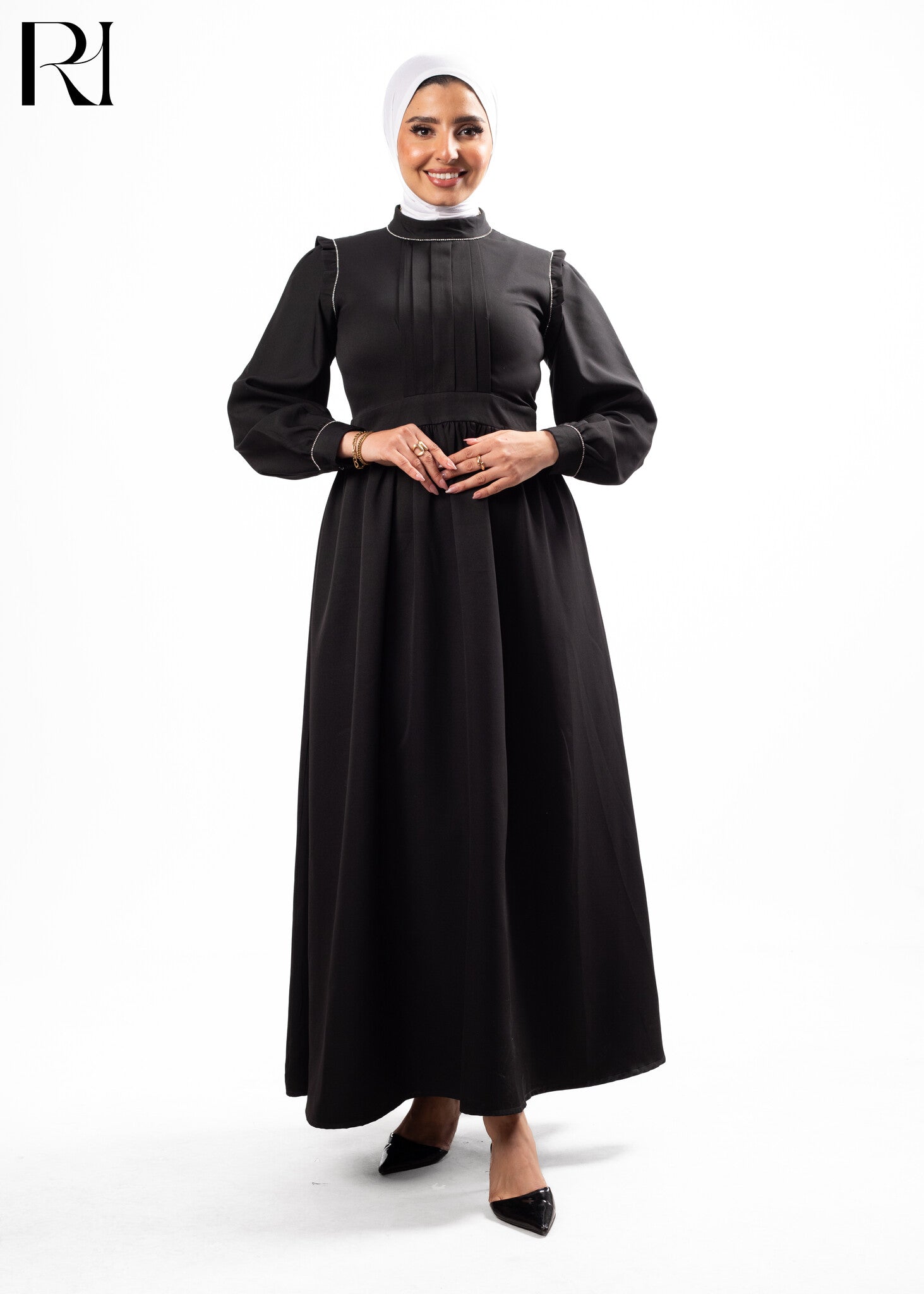 Midnight Grace Pleated Modest Maxi Dress US 10 / Black Midnight Grace Pleated Modest Maxi Dress US 10 / Black