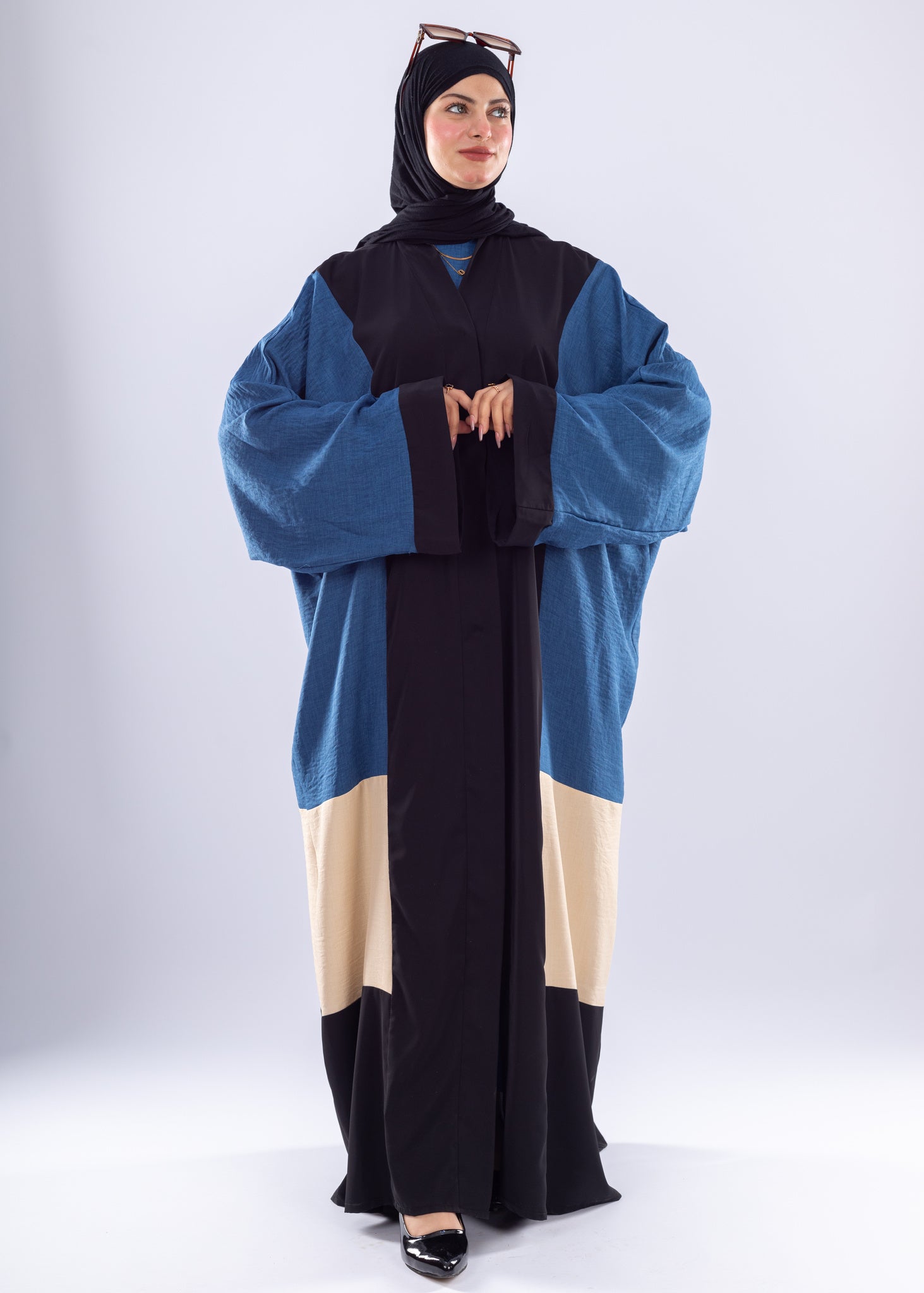 Modern Oversized Denim Abaya with Contrast Panels - Ruehaya