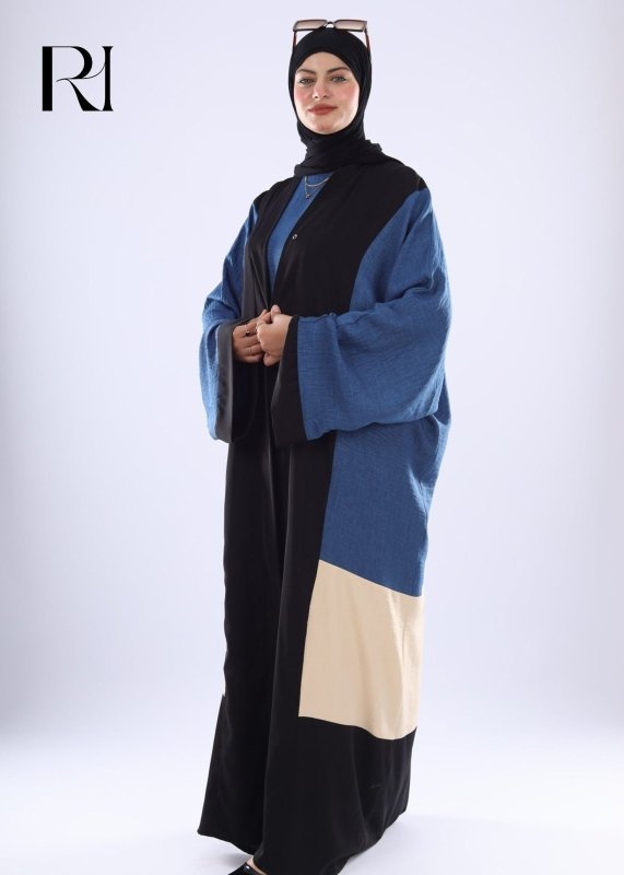 Modern Oversized Denim Abaya with Contrast Panels - Ruehaya