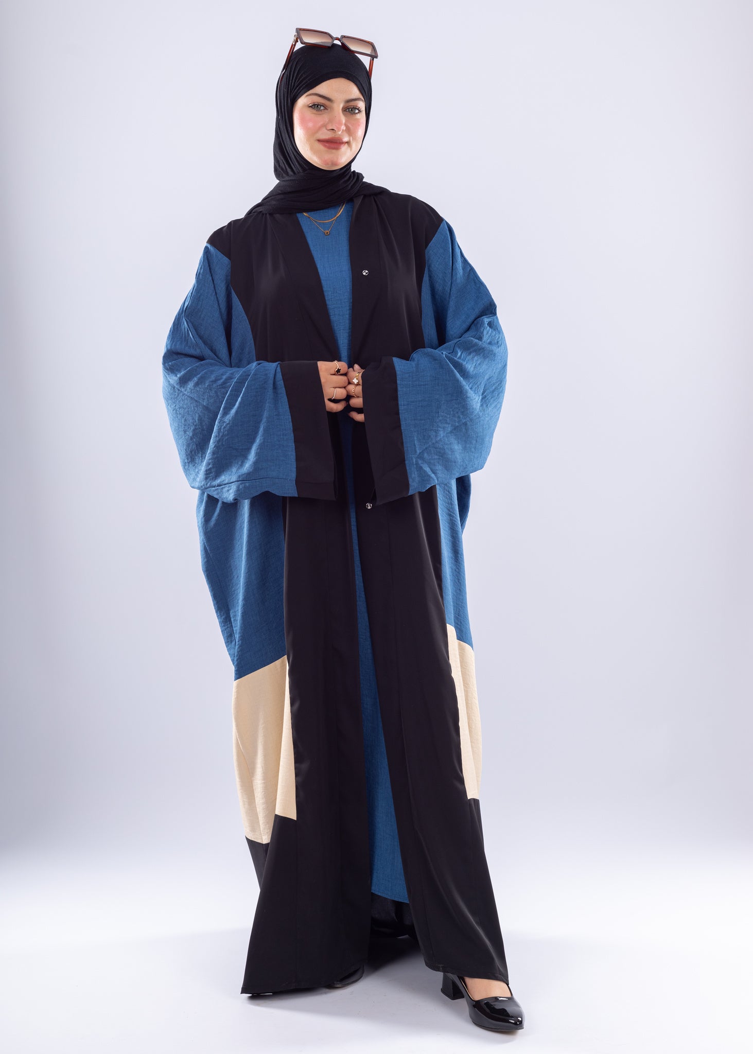 Modern Oversized Denim Abaya with Contrast Panels - Ruehaya