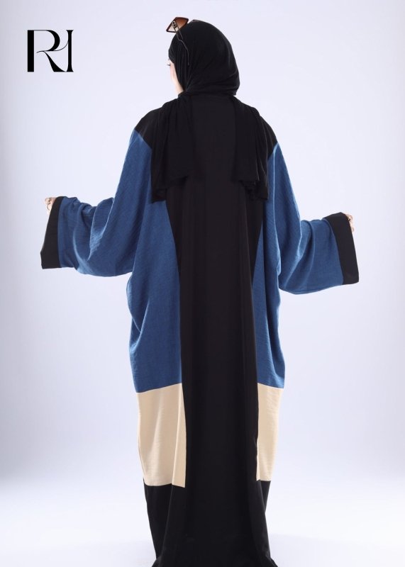 Modern Oversized Denim Abaya with Contrast Panels - Ruehaya