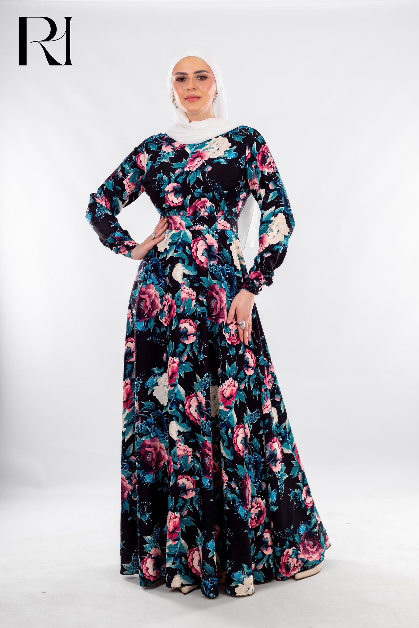 Modest Black Floral Maxi Dress with Grace - Ruehaya