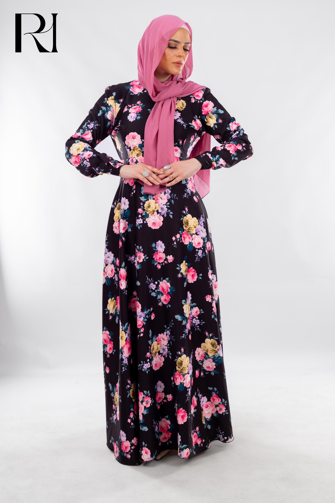 Modest Black Maxi Dress with Pink Blossoms - Ruehaya