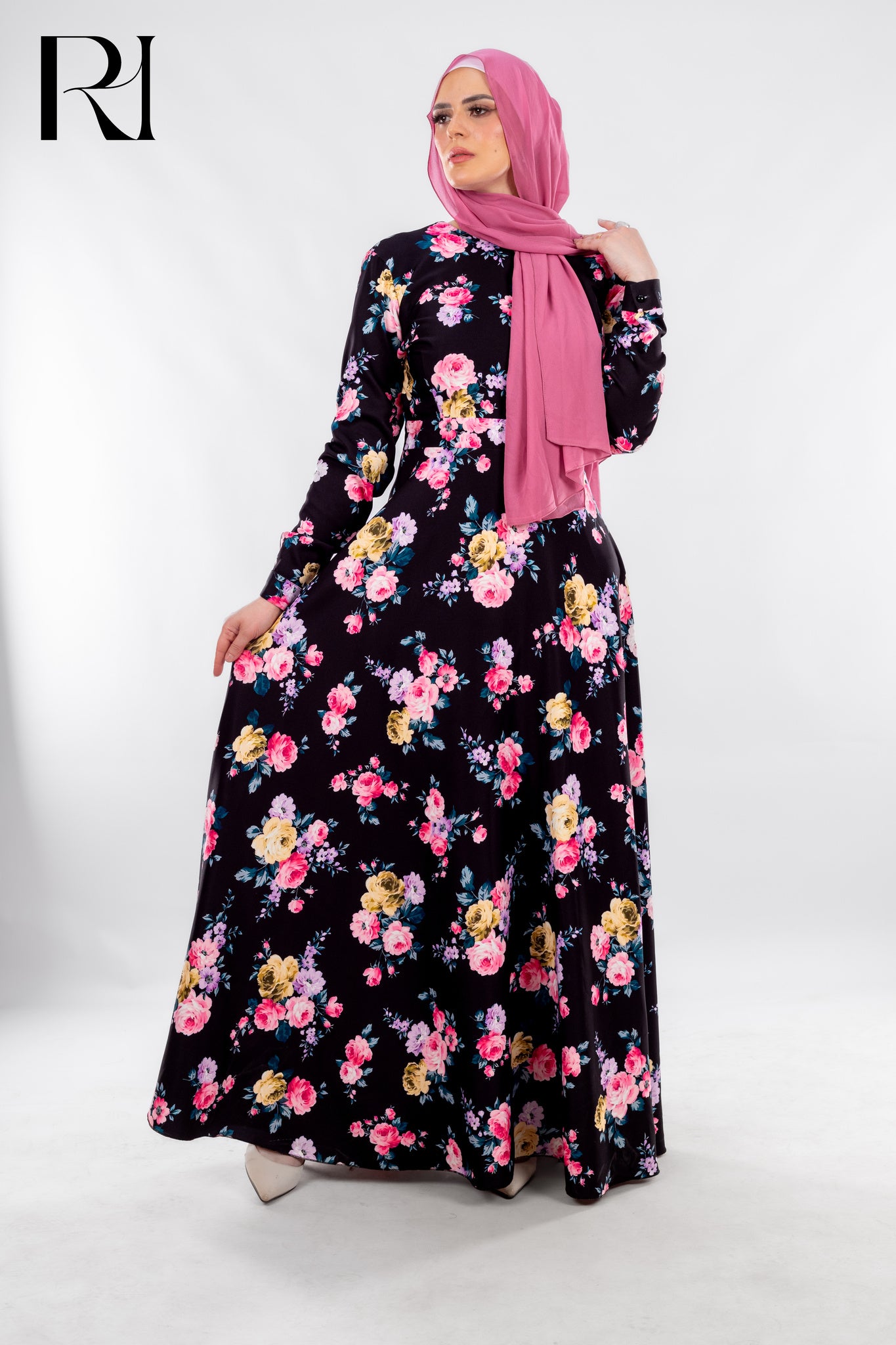Modest Black Maxi Dress with Pink Blossoms - Ruehaya