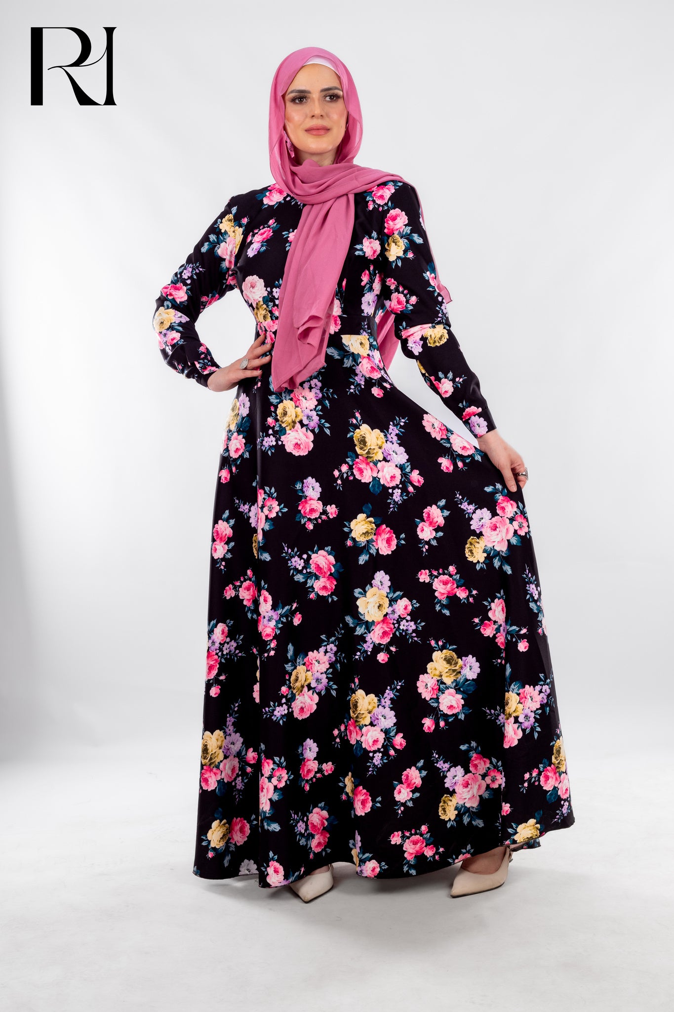 Modest Black Maxi Dress with Pink Blossoms - Ruehaya