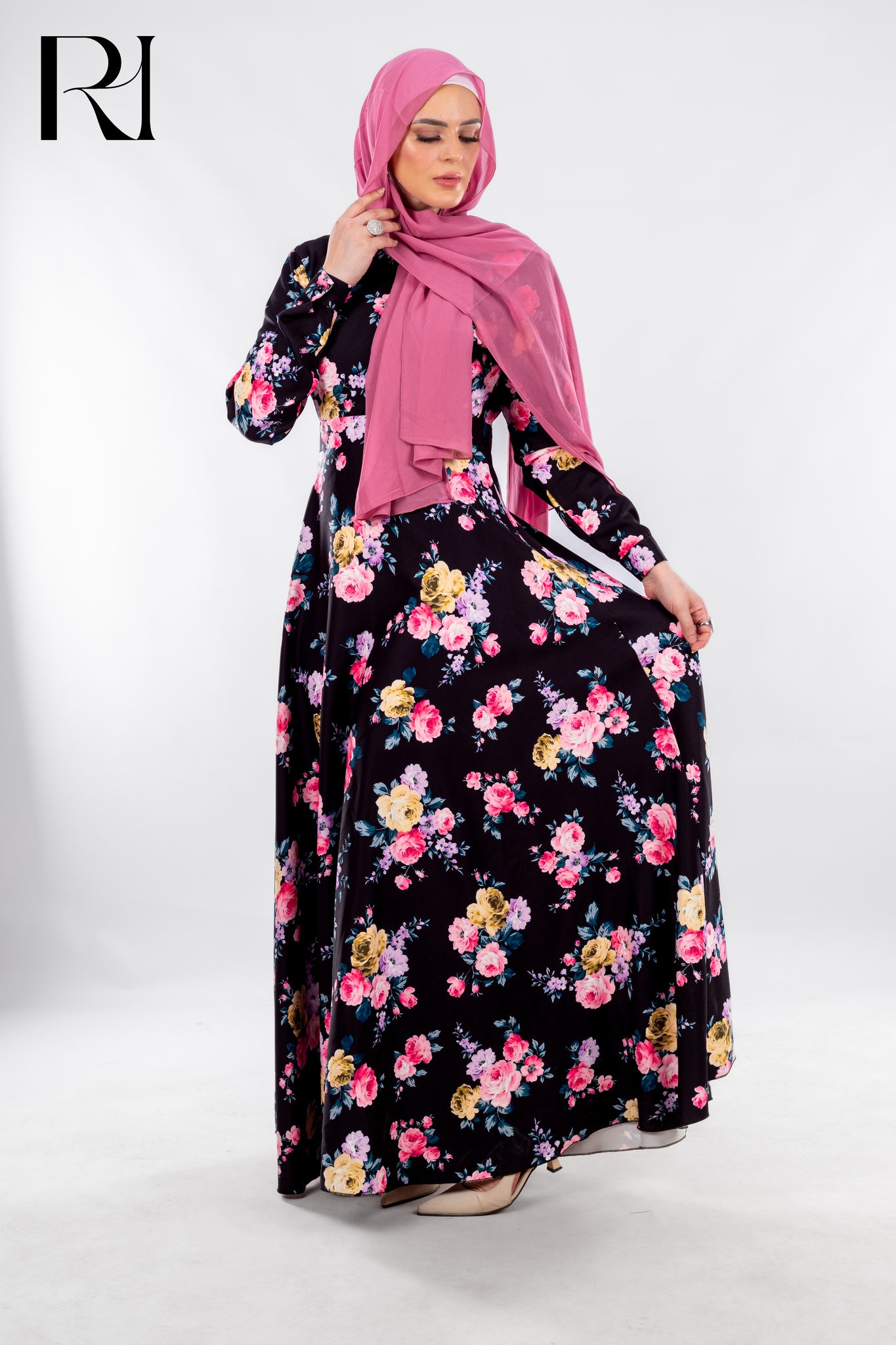 Modest Black Maxi Dress with Pink Blossoms - Ruehaya
