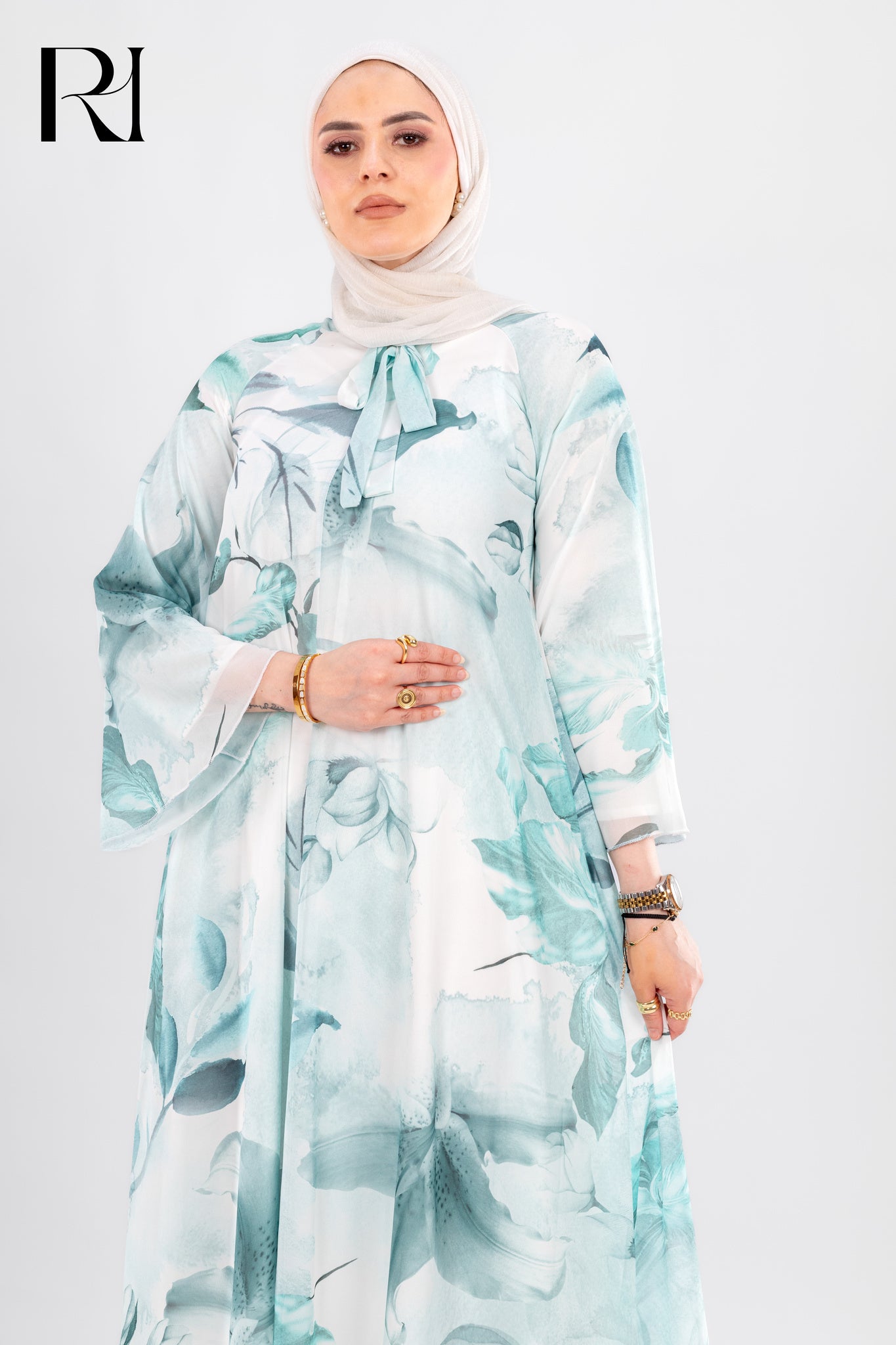 Modest Blue Floral Chiffon Maxi Dress - Ruehaya