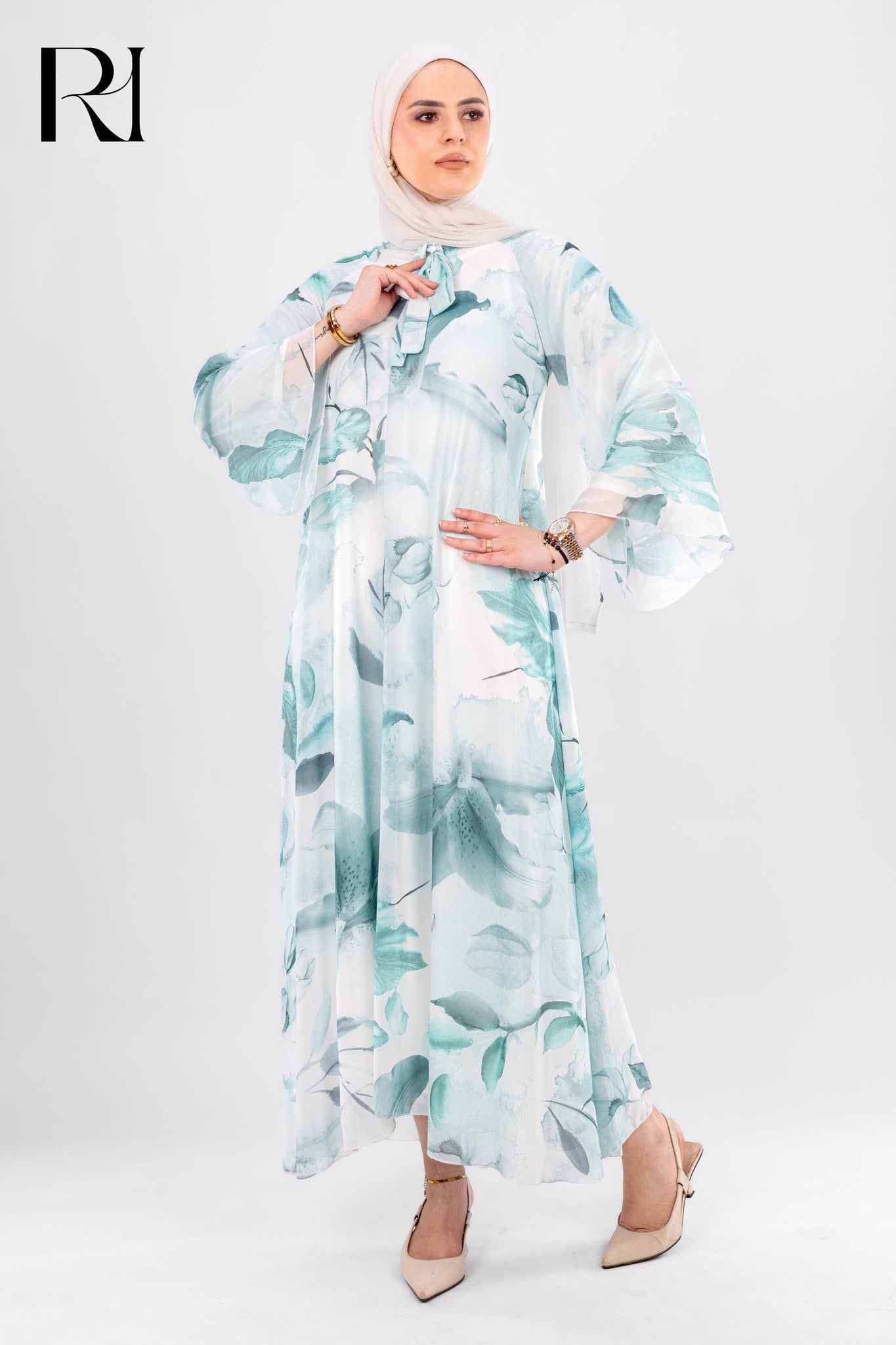 Modest Blue Floral Chiffon Maxi Dress - Ruehaya