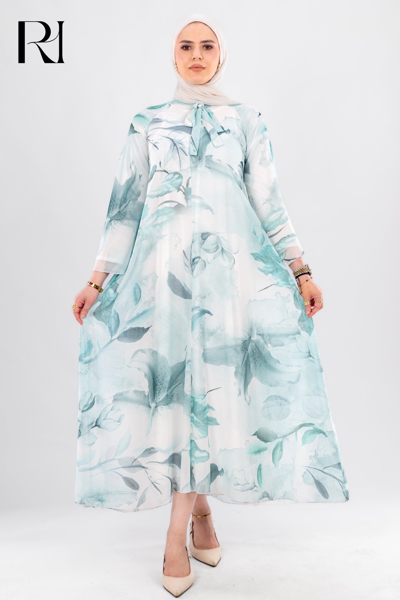Modest Blue Floral Chiffon Maxi Dress - Ruehaya