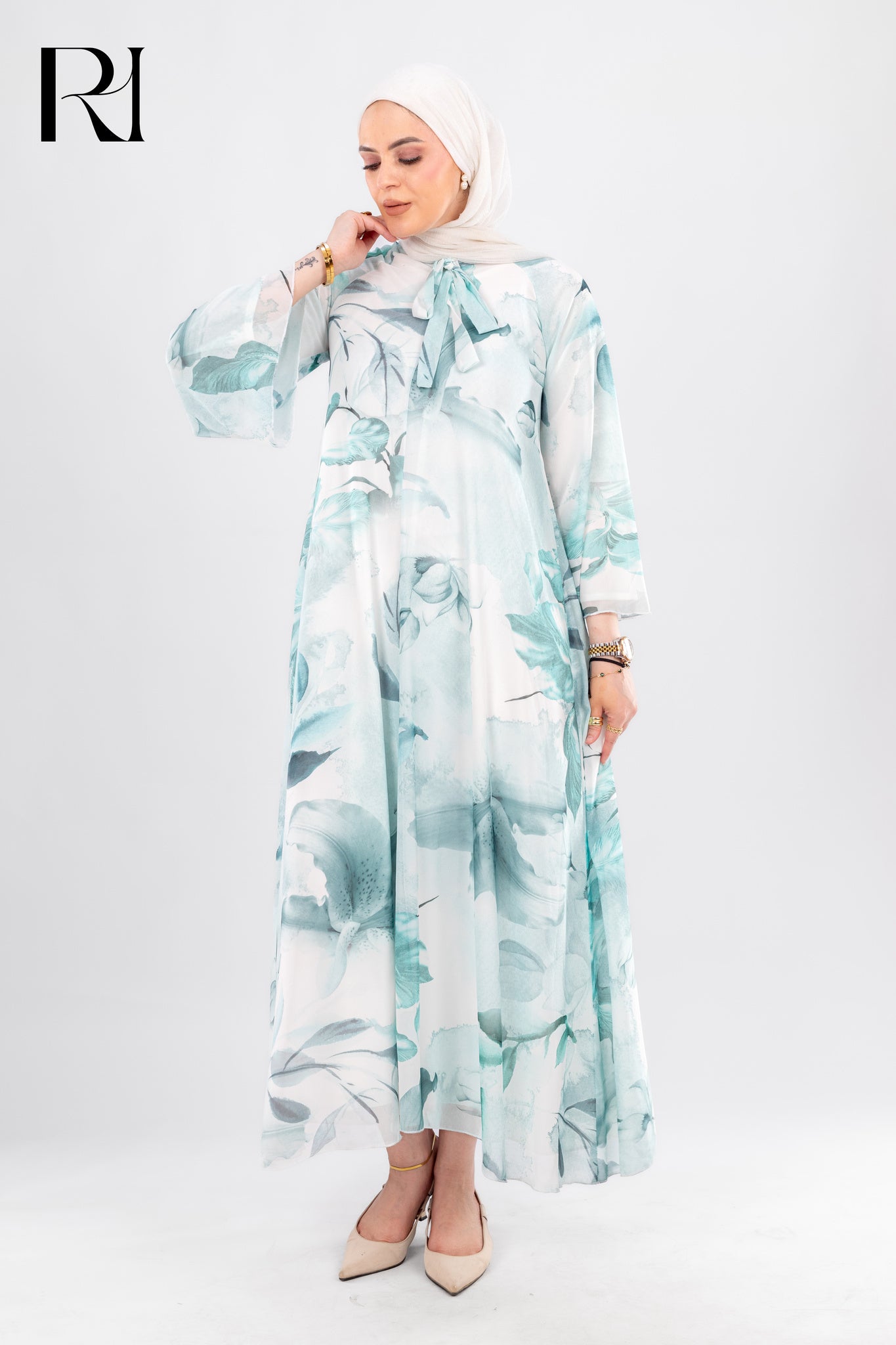 Modest Blue Floral Chiffon Maxi Dress - Ruehaya