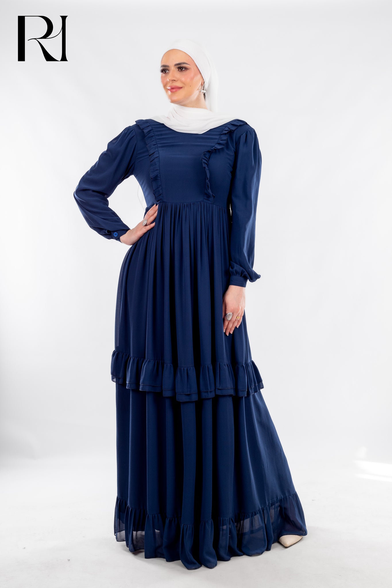 Modest Petroleum Maxi Dress with Ruffle Grace - Ruehaya