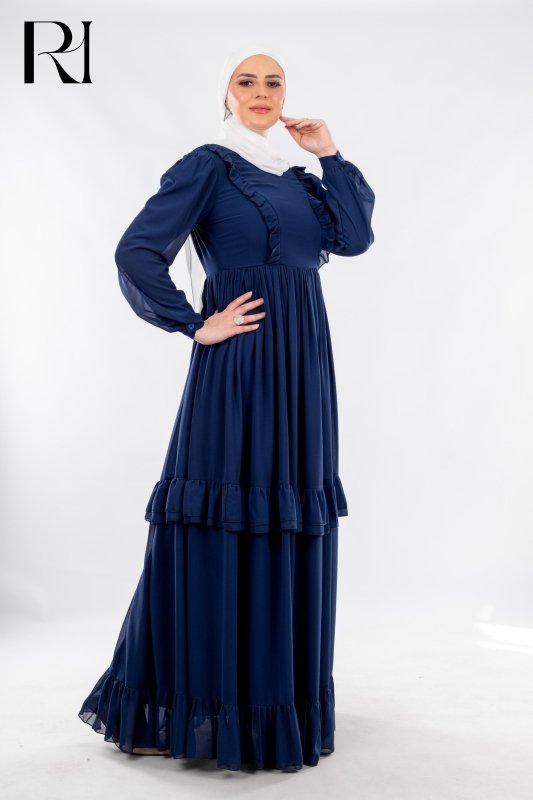 Modest Petroleum Maxi Dress with Ruffle Grace - Ruehaya