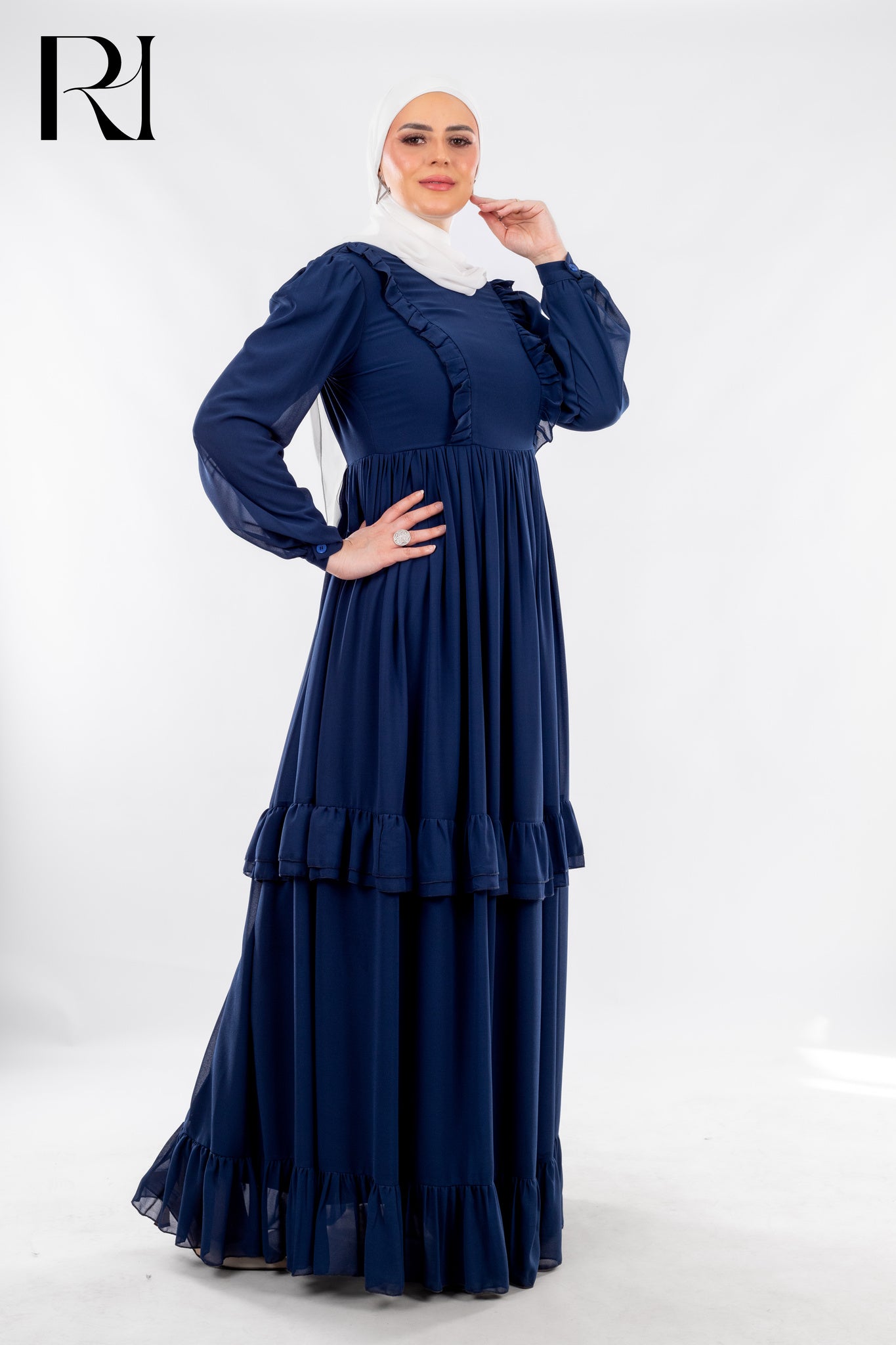 Modest Petroleum Maxi Dress with Ruffle Grace - Ruehaya