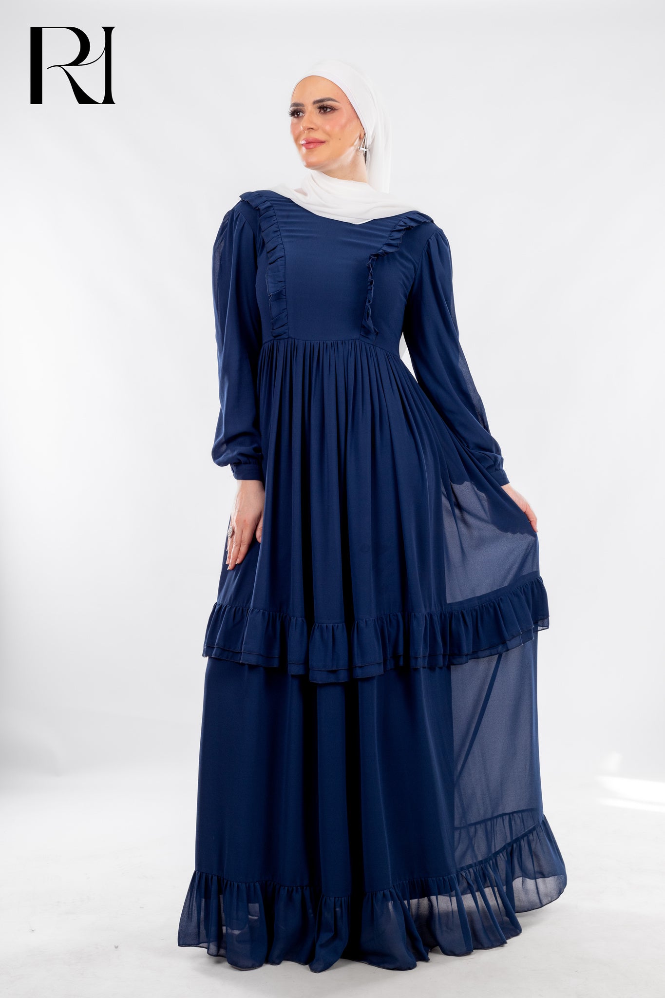 Modest Petroleum Maxi Dress with Ruffle Grace - Ruehaya