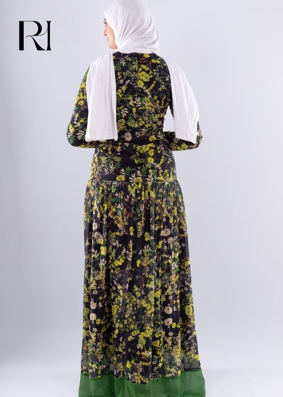 Naseem Black and green Floral Print Maxi Dress - Ruehaya
